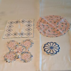 Elegant 4pc. Pink and Blue Crochet Doily Set